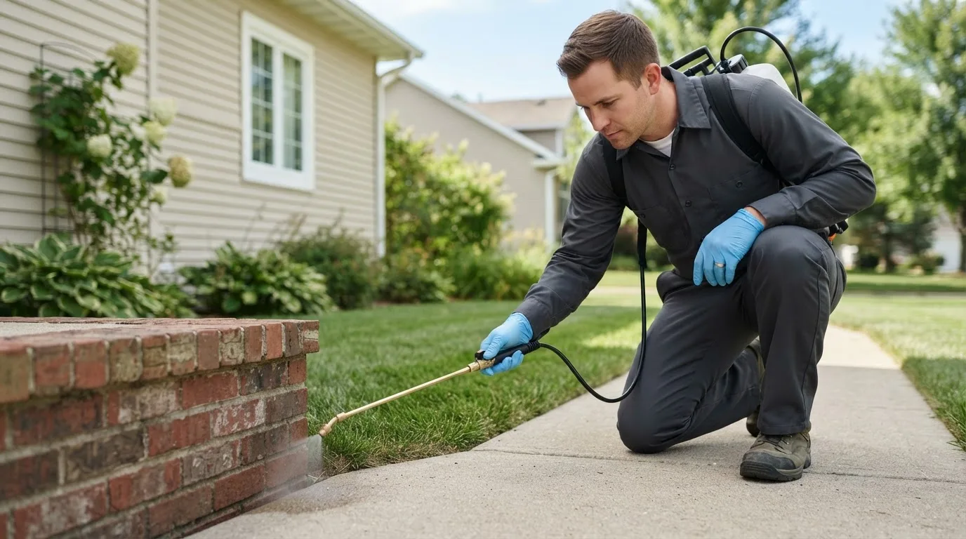 Pest control technician treating a home near Sentinel, OK