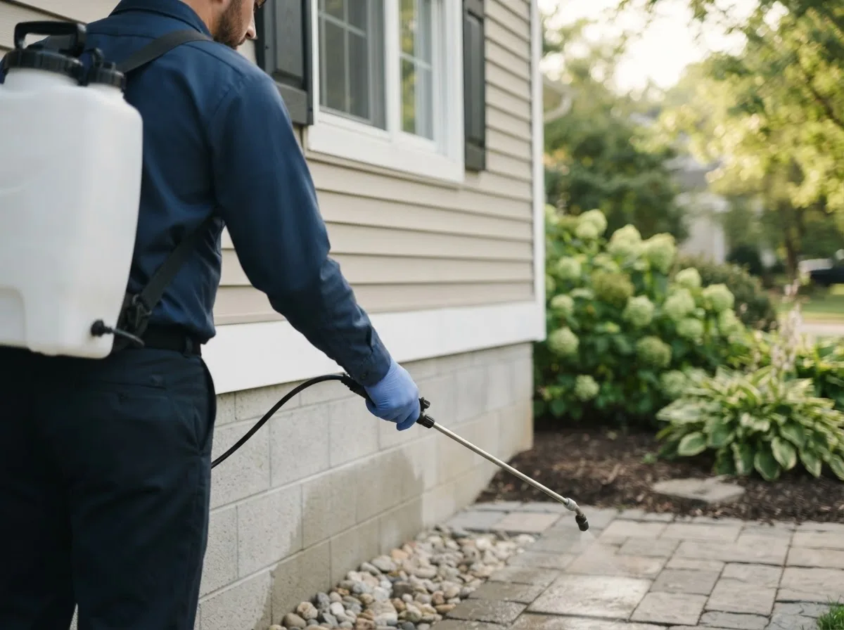 Pest control technician inspecting a home in Sentinel, OK